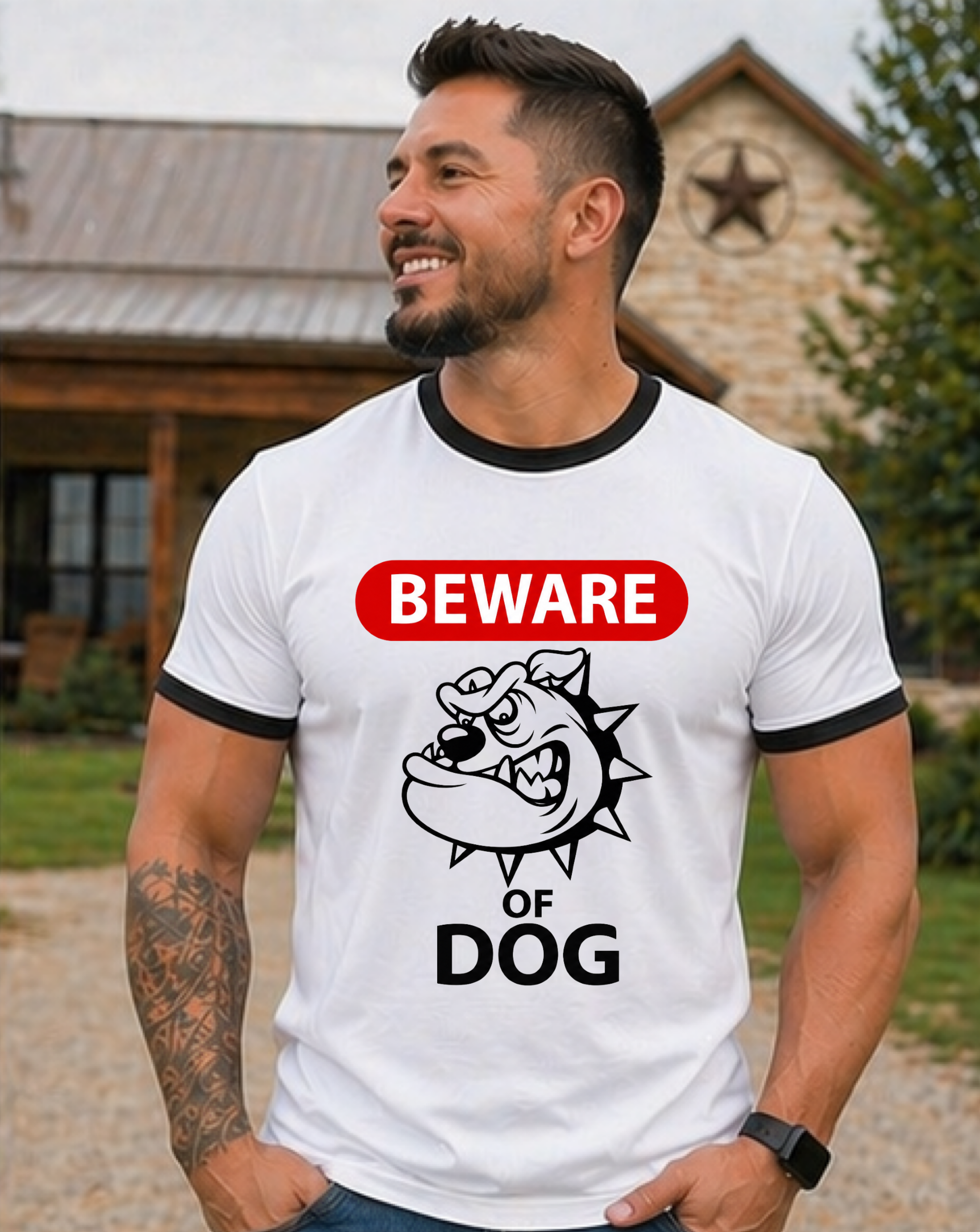 竜*介様 L.G.B. 「BEWARE OF THE DOG」リブTシャツ Beware of Dog Ringer T-Shirt — Retro Bulldog Graphic Tee – Ruff