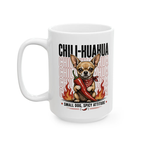 Chihuahua Flames Ceramic Mug — Cute Fiery Dog Coffee Cup 15oz