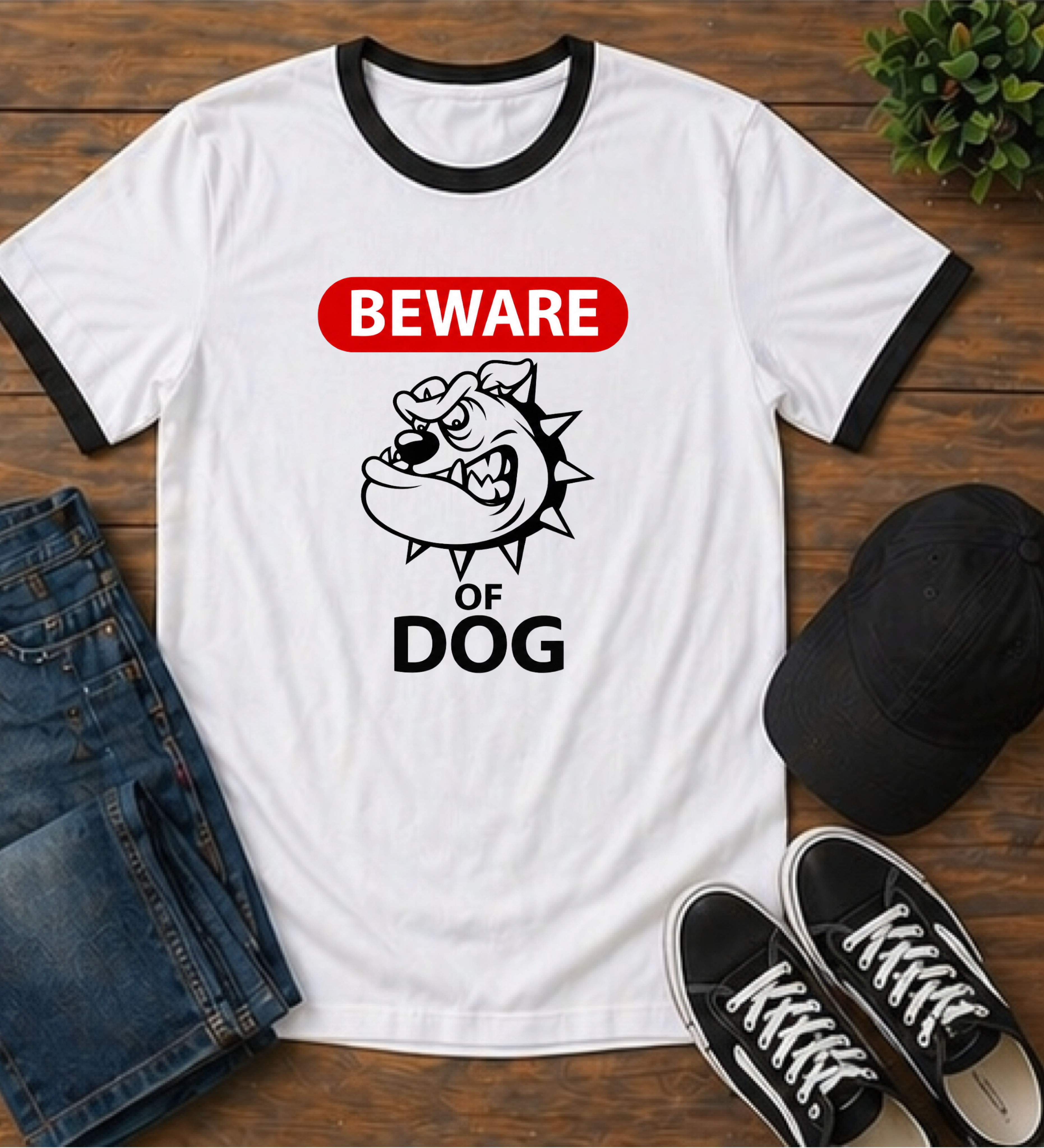 Beware of Dog Ringer T-Shirt — Retro Bulldog Graphic Tee
