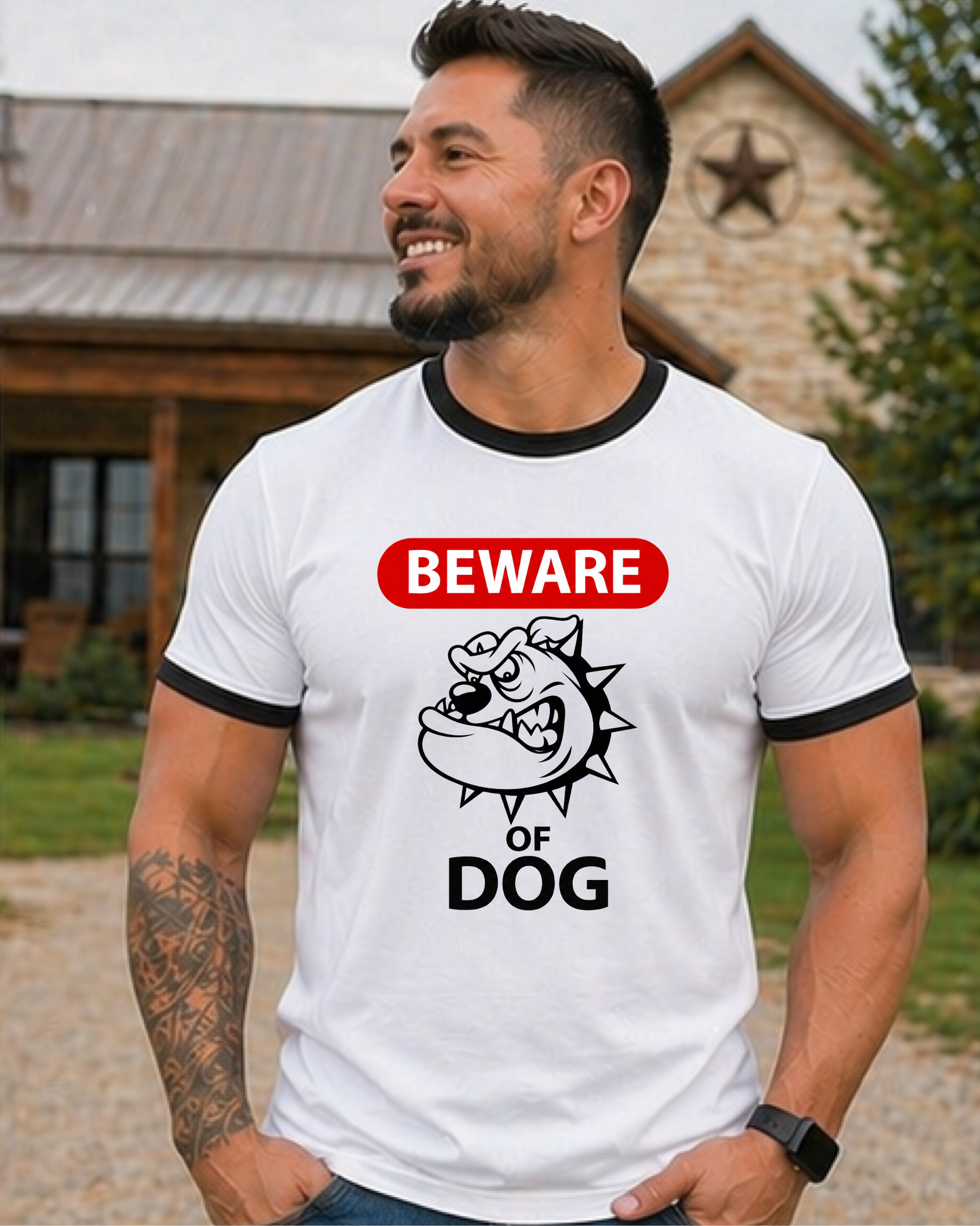 Beware of Dog Ringer T-Shirt — Retro Bulldog Graphic Tee