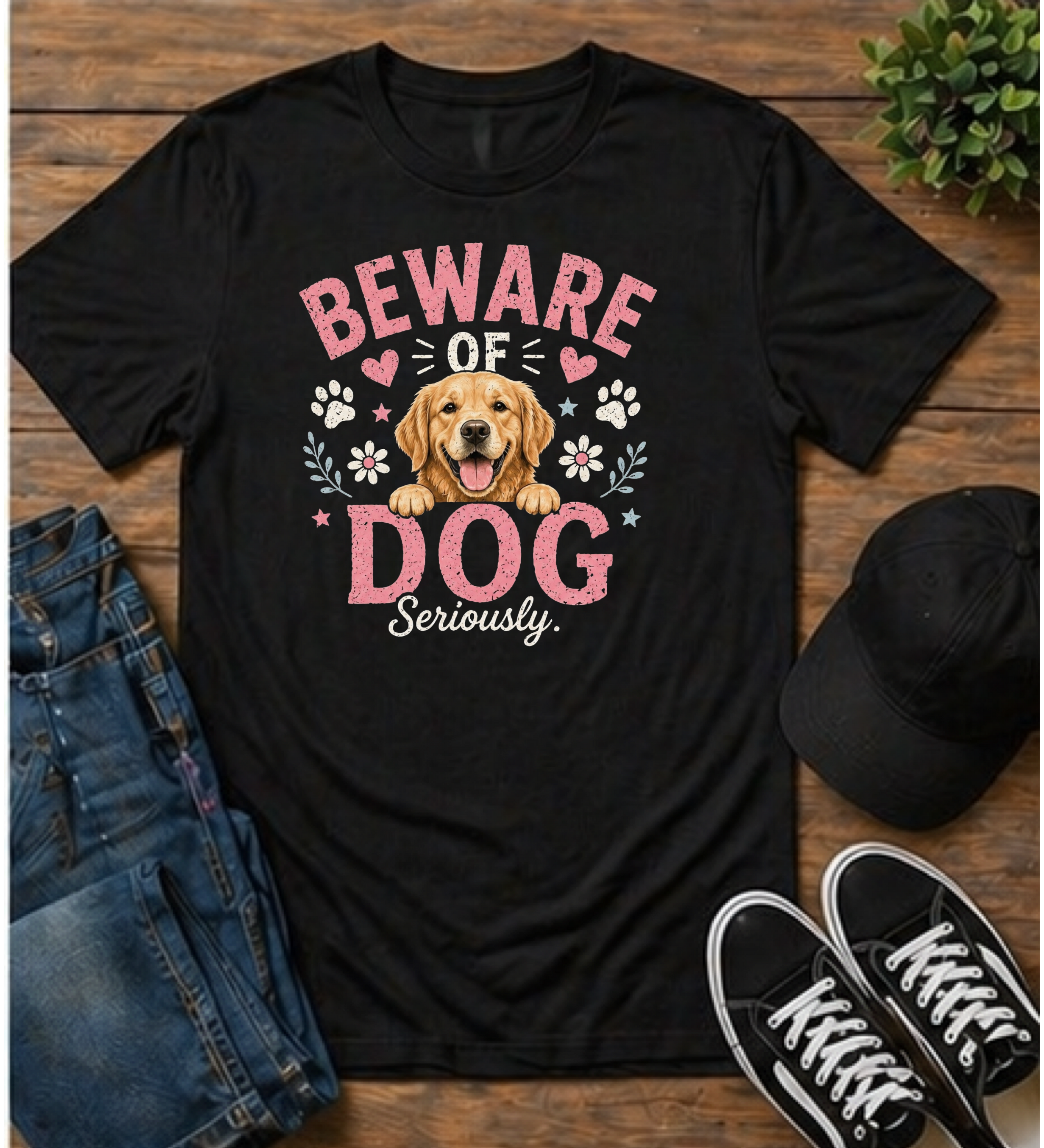 Youth Tee — "Beware of Dog Seriously" Cute Golden Retriever Graphic