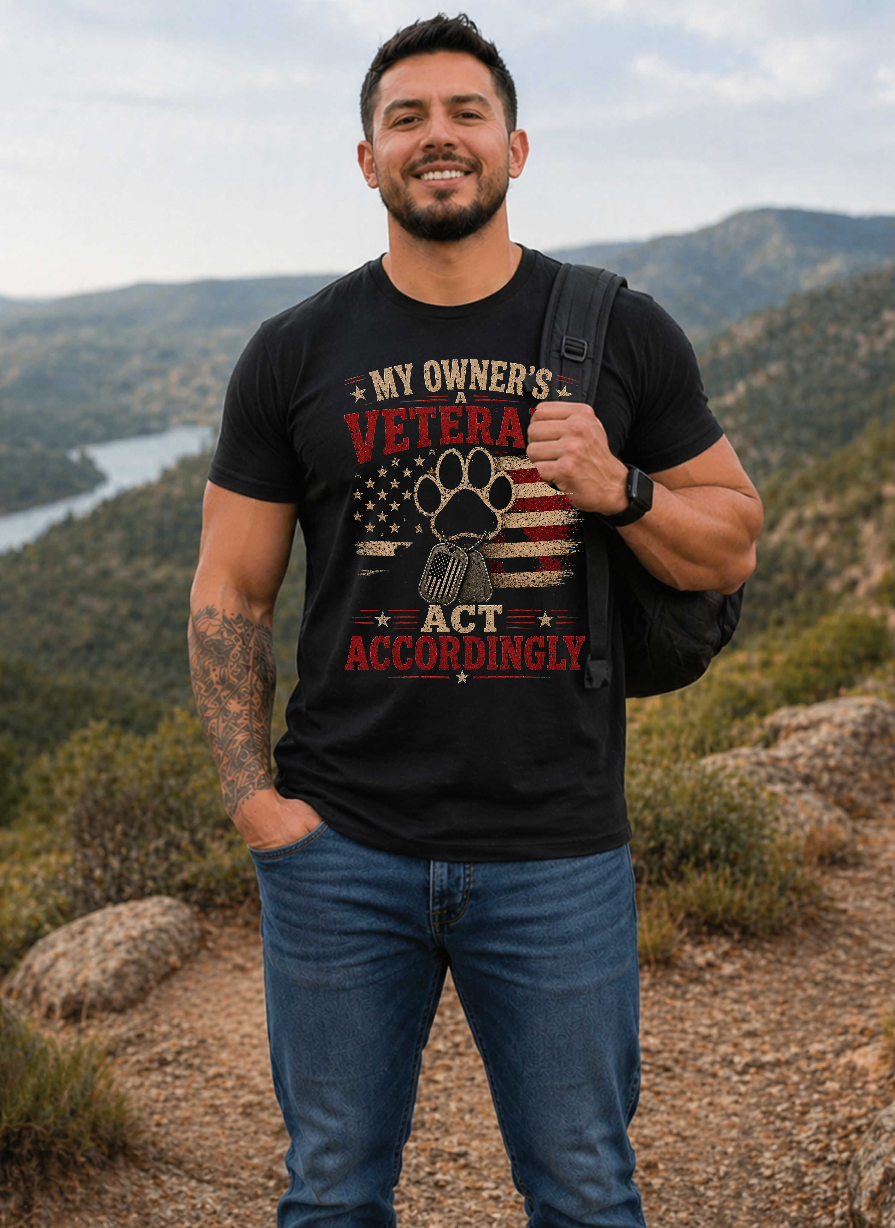 Veteran Paw T-Shirt — "My Owner's a Veteran, Act Accordingly" Patriotic Dog Lover Tee