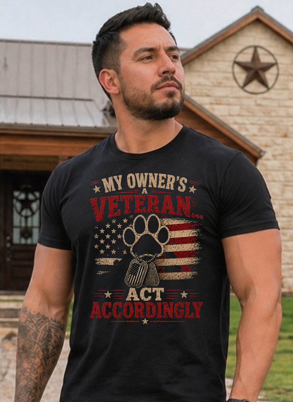 Veteran Paw T-Shirt — "My Owner's a Veteran, Act Accordingly" Patriotic Dog Lover Tee