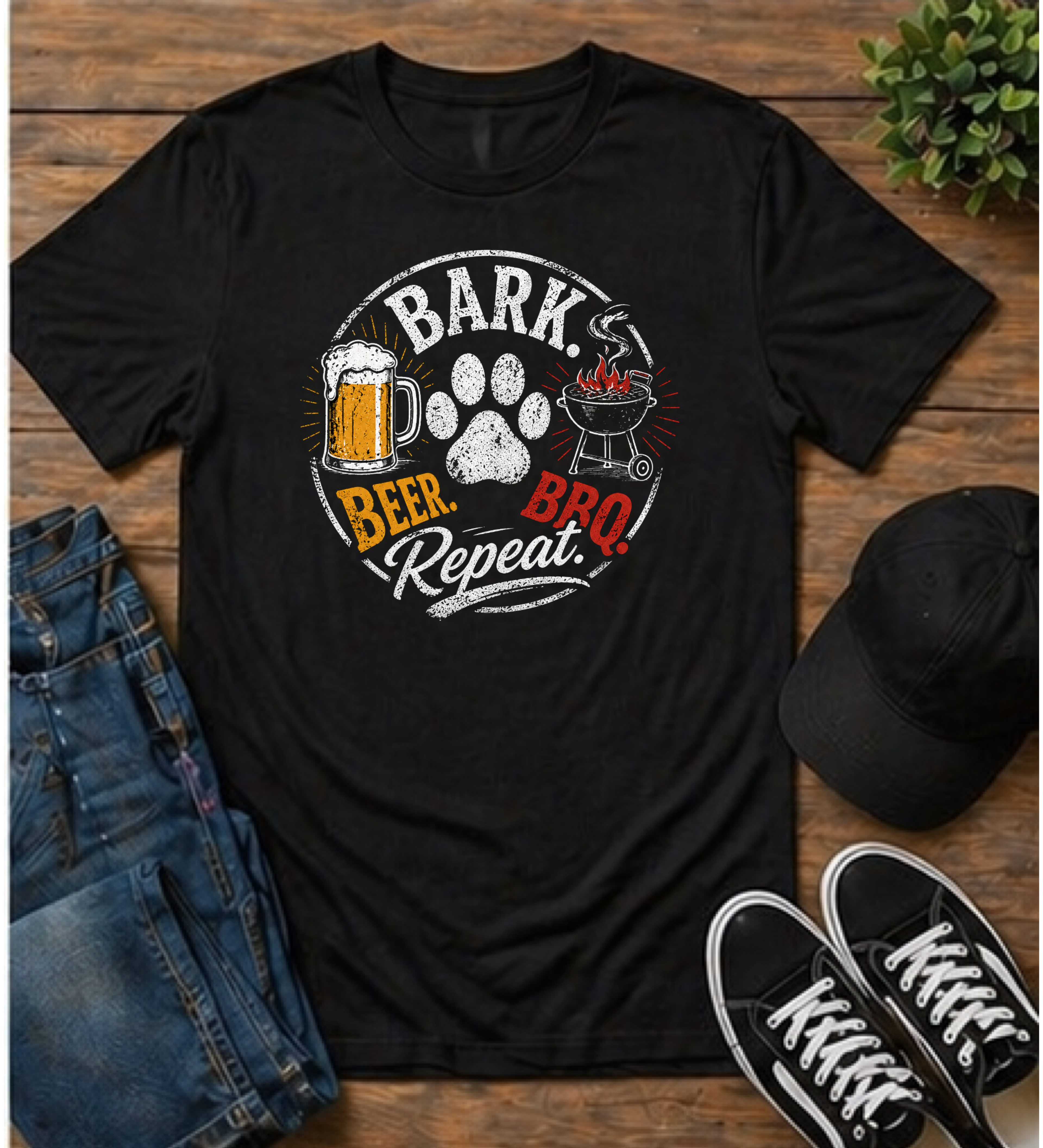 Beer, BBQ & Bark T-Shirt – "Bark Beer. BBQ. Repeat." Dog Lover Grill Tee