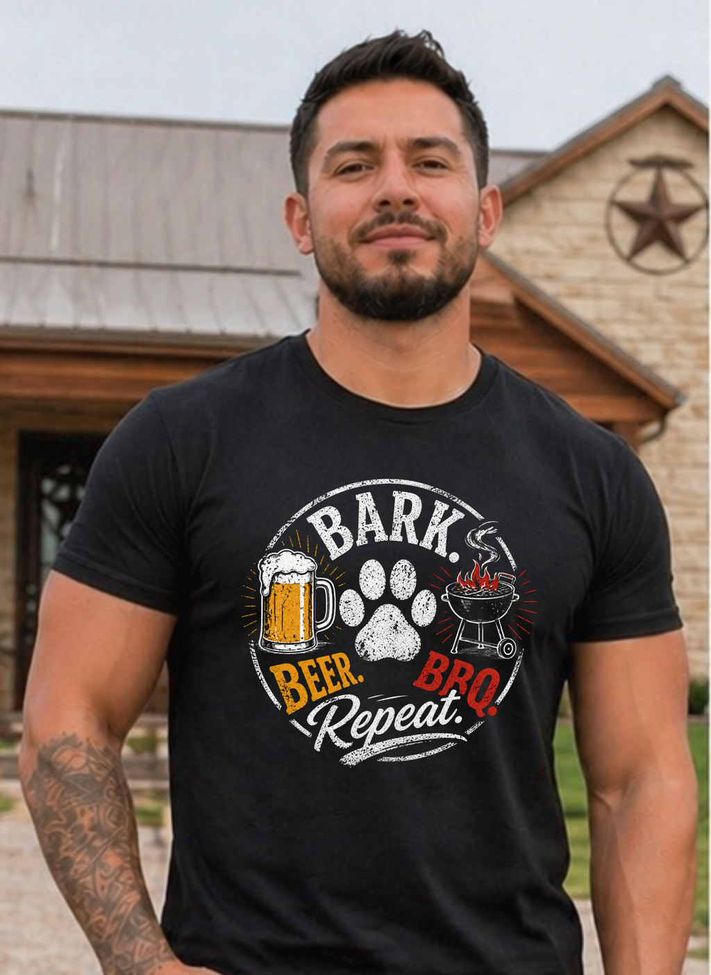 Beer, BBQ & Bark T-Shirt – "Bark Beer. BBQ. Repeat." Dog Lover Grill Tee