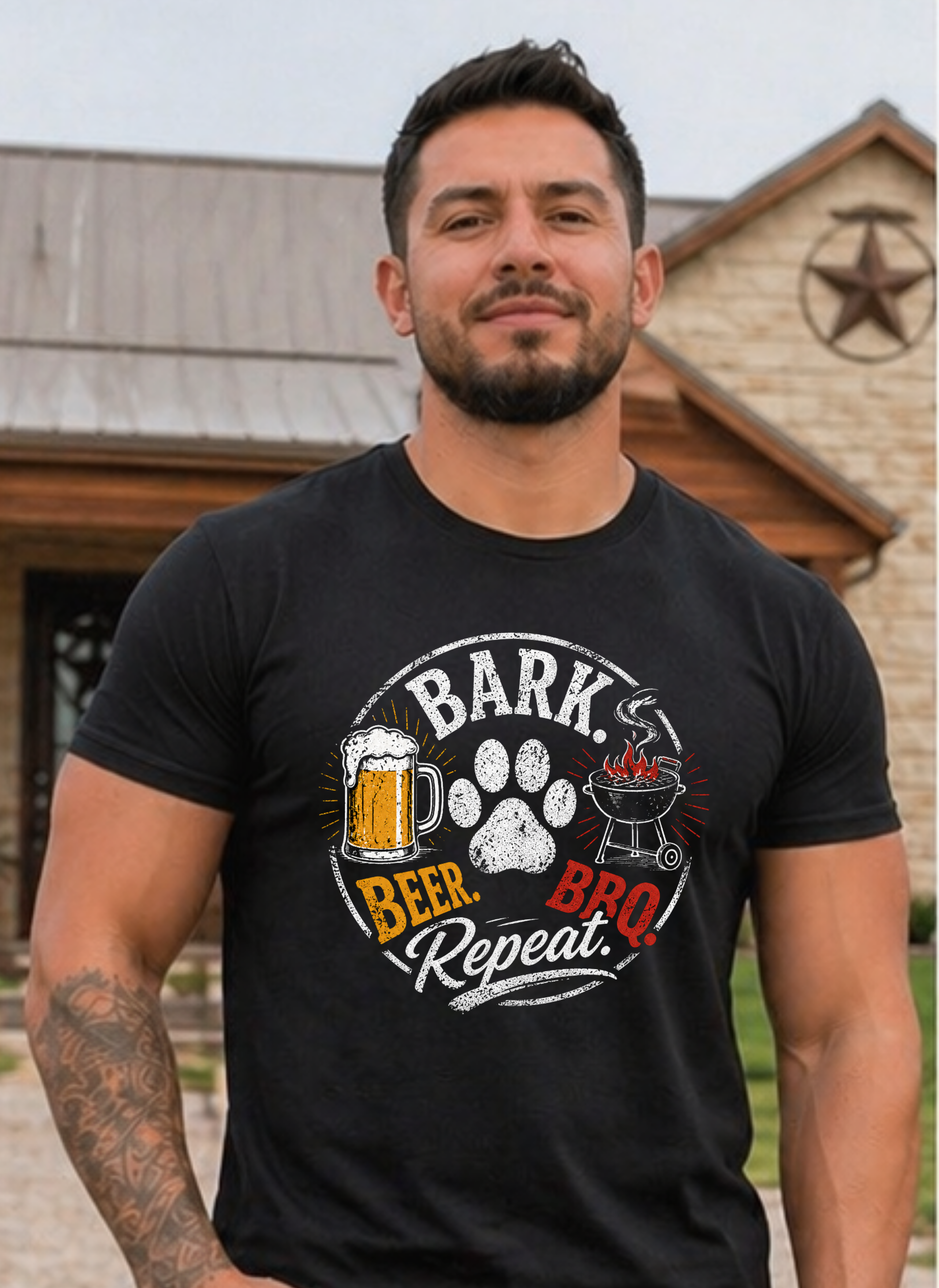 Beer, BBQ & Bark T-Shirt – "Bark Beer. BBQ. Repeat." Dog Lover Grill Tee