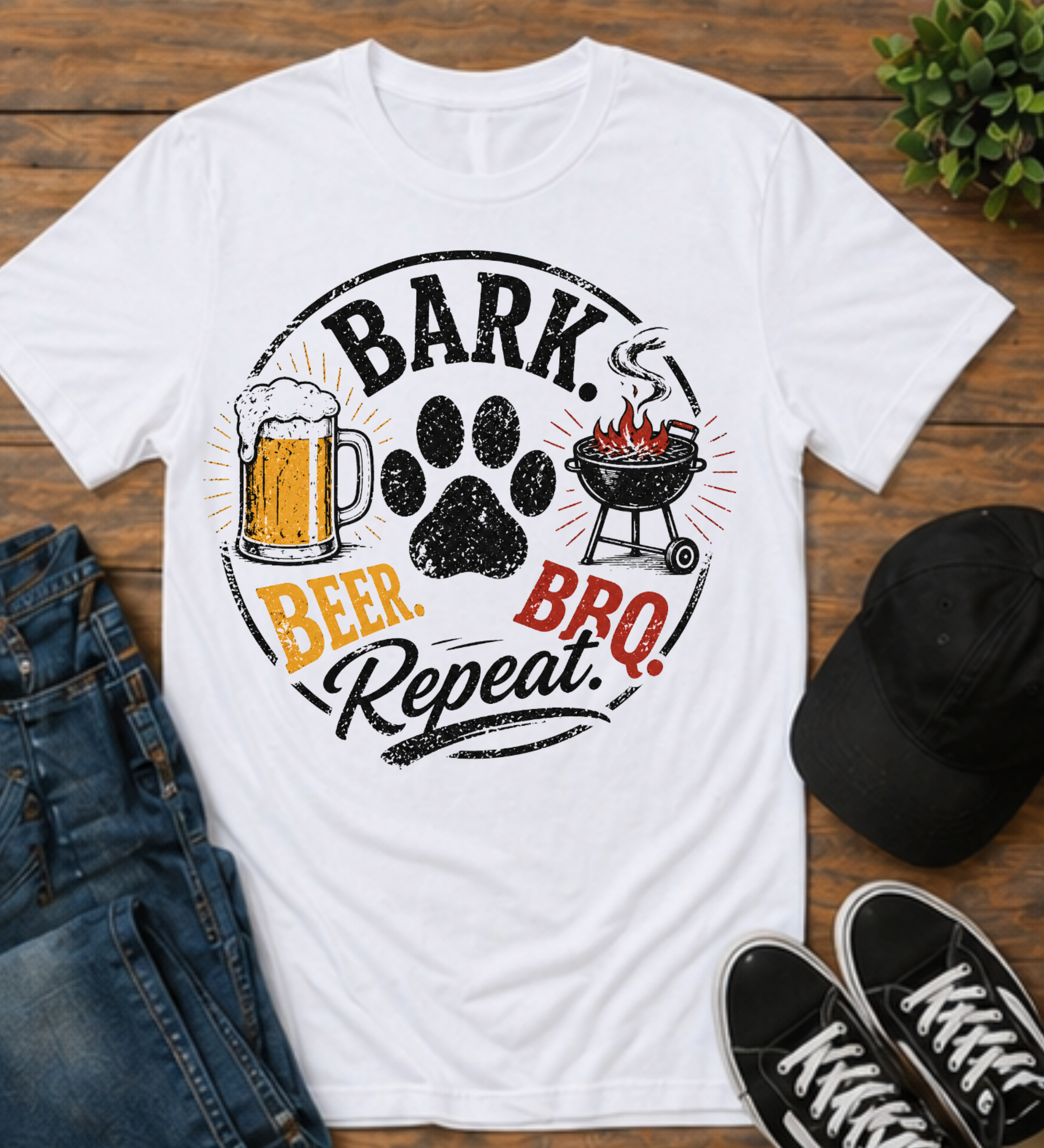 Beer, BBQ & Bark T-Shirt – "Bark Beer. BBQ. Repeat." Dog Lover Grill Tee