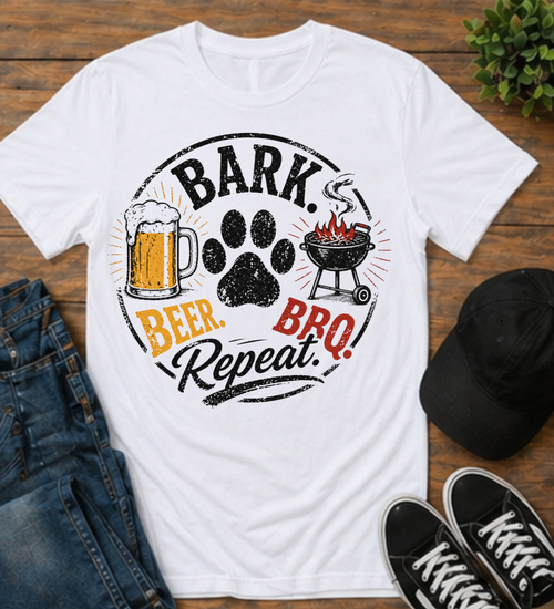 Beer, BBQ & Bark T-Shirt – "Bark Beer. BBQ. Repeat." Dog Lover Grill Tee