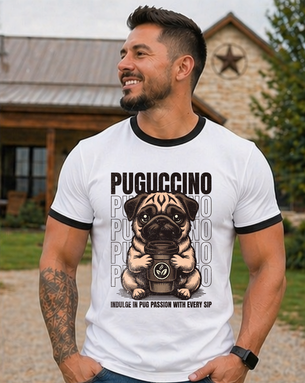 Puguccino Ringer T-Shirt – Cute Pug Coffee Lover Tee