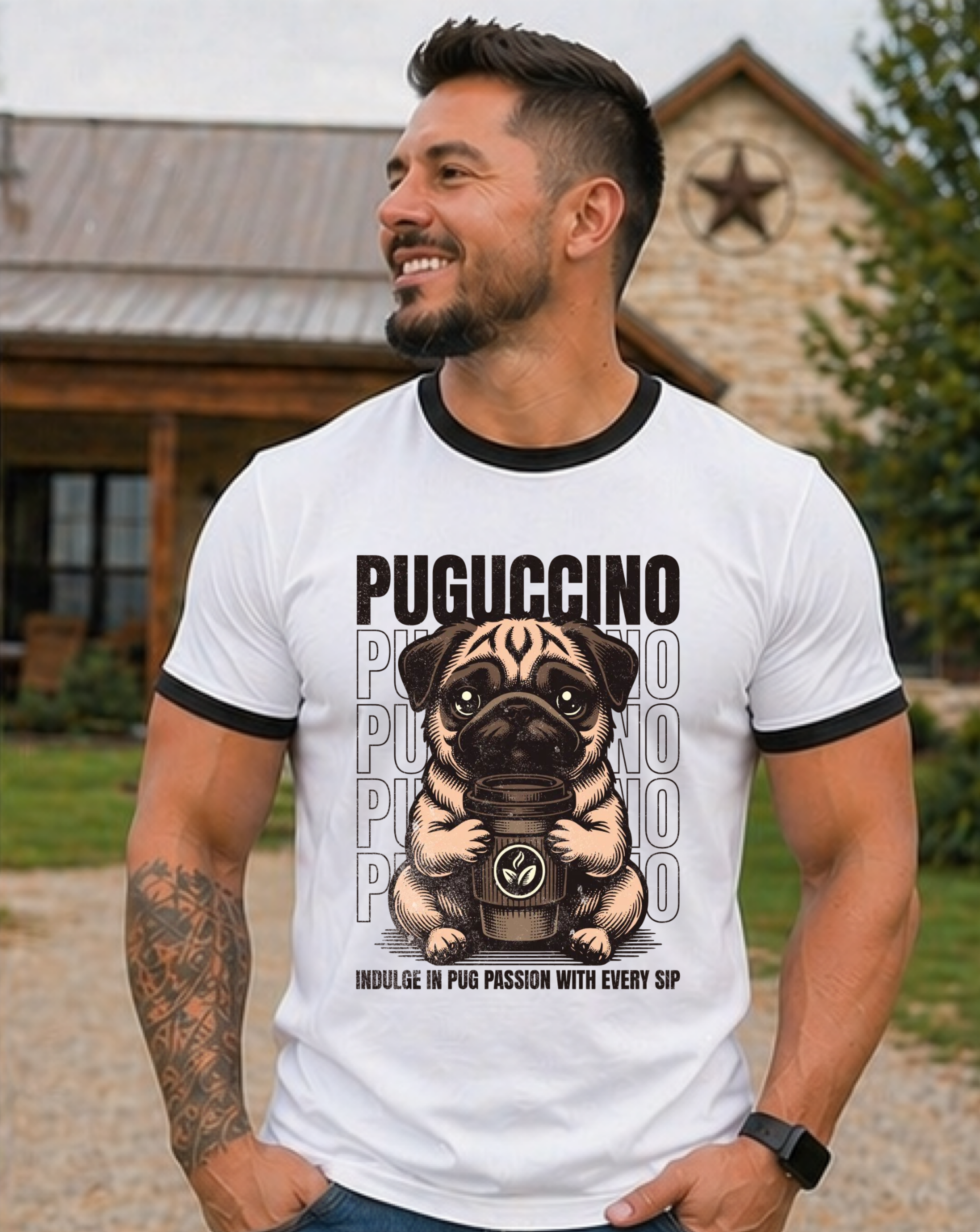 Puguccino Ringer T-Shirt – Cute Pug Coffee Lover Tee
