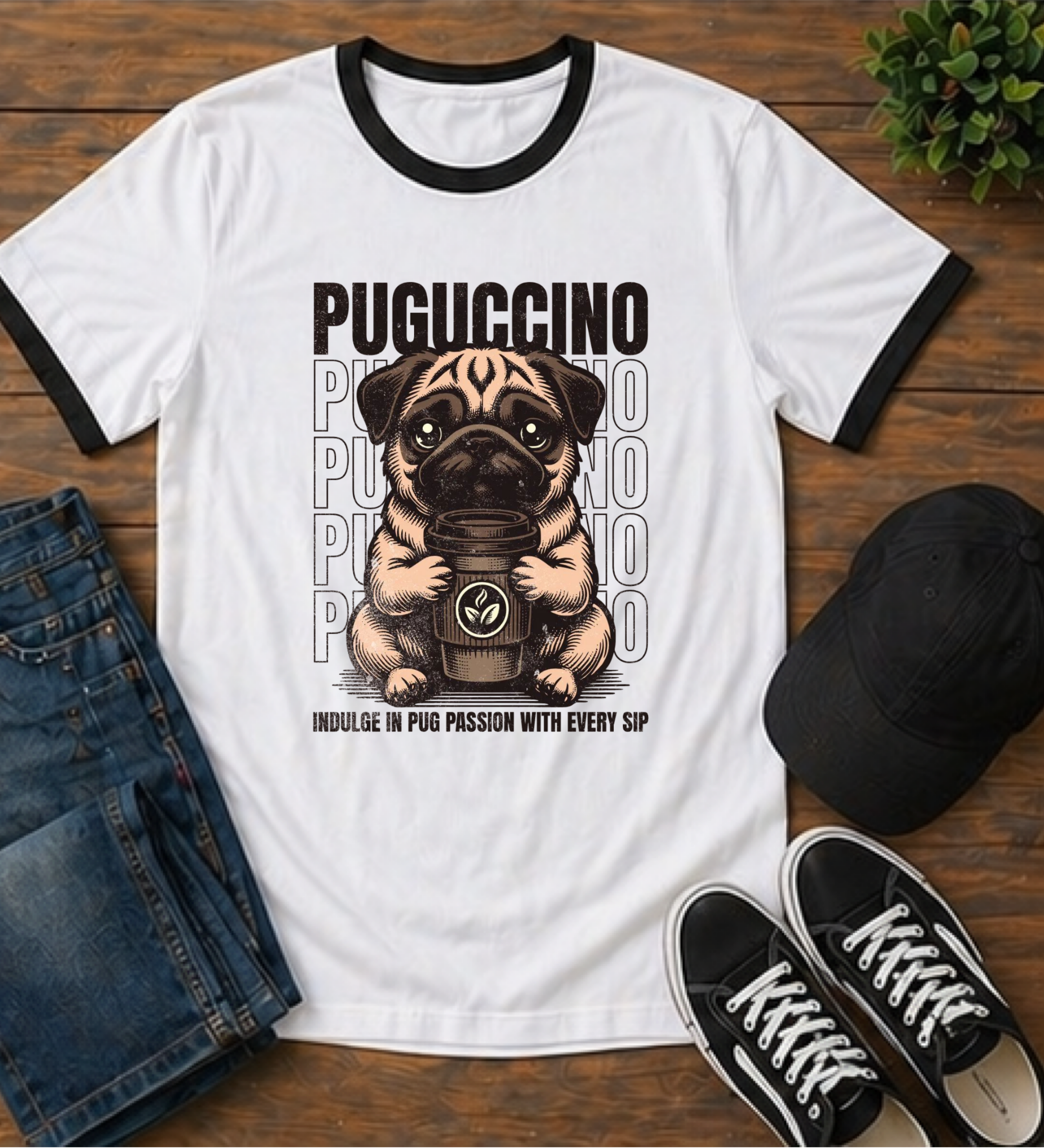 Puguccino Ringer T-Shirt – Cute Pug Coffee Lover Tee