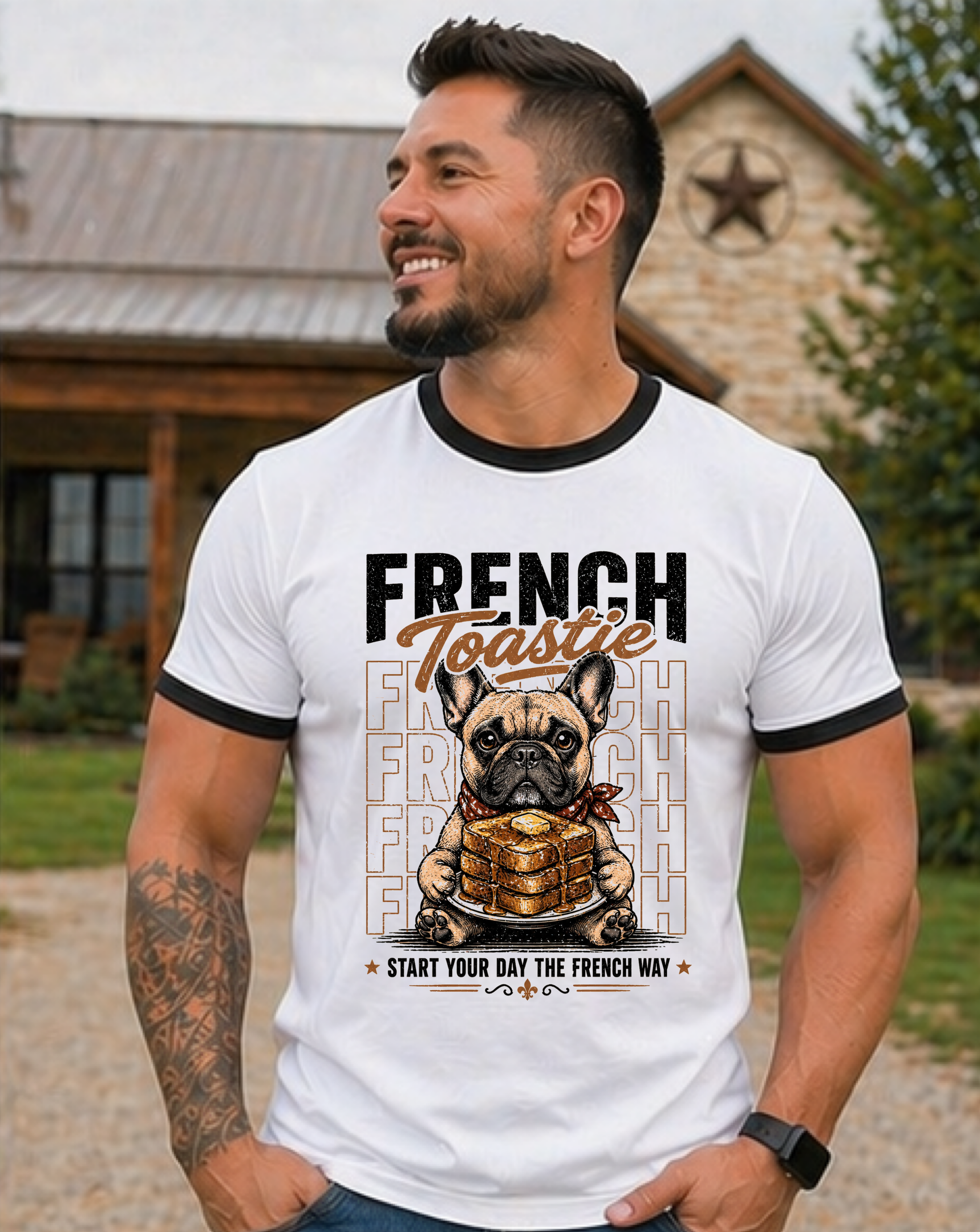 French Toastie French Bulldog Ringer Tee — Cute Dog Coffee Lover T-Shirt