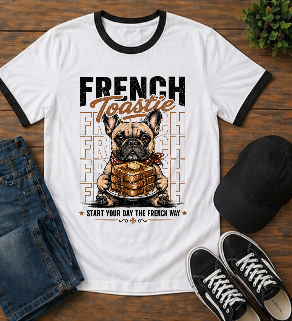 French Toastie French Bulldog Ringer Tee — Cute Dog Coffee Lover T-Shirt