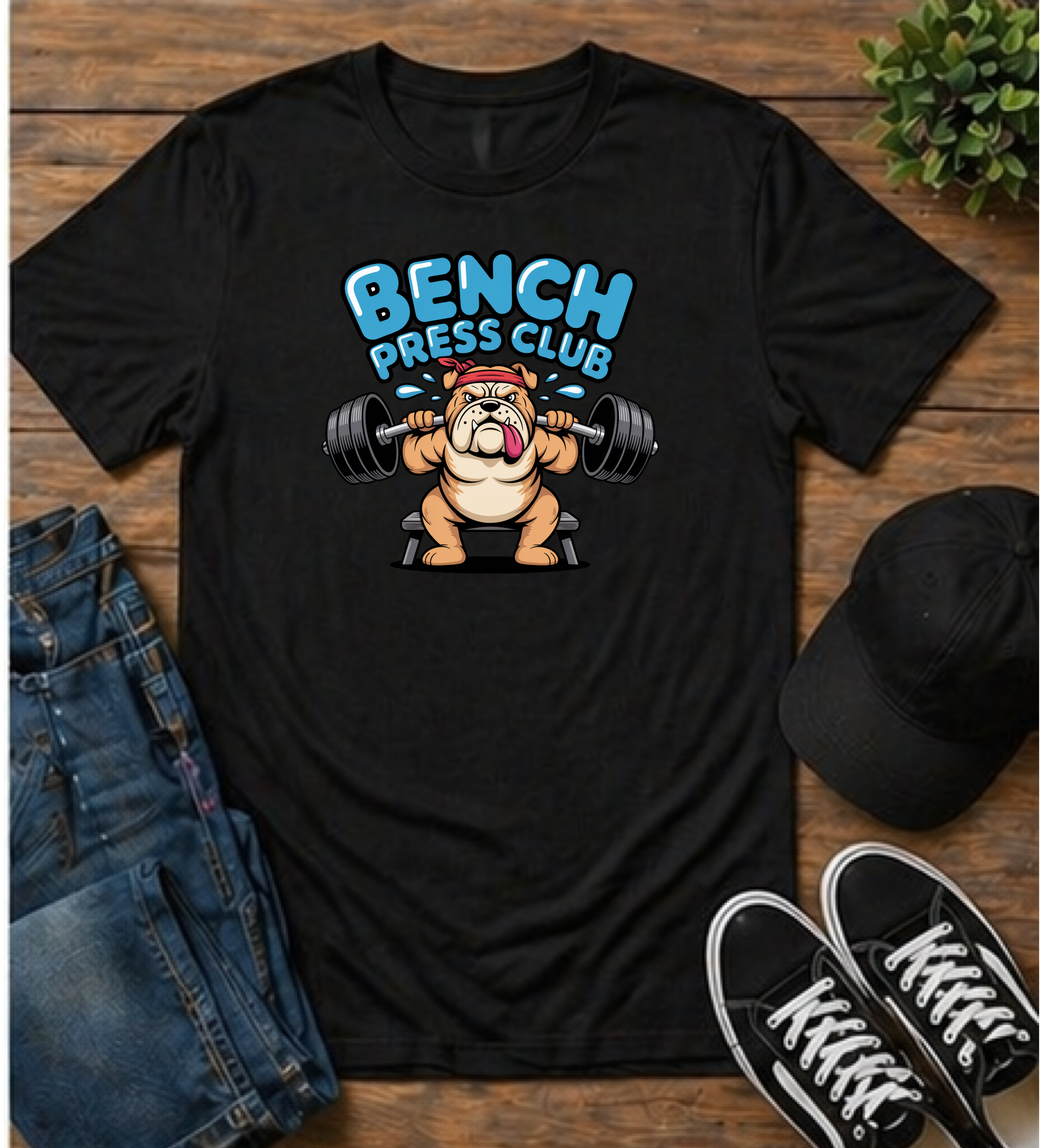 Bench Press Club T-Shirt — Cute Bulldog Weightlifting Gym Tee