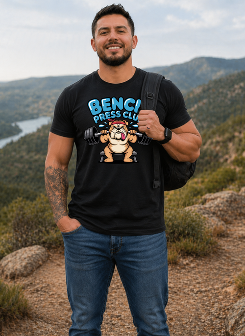 Bench Press Club T-Shirt — Cute Bulldog Weightlifting Gym Tee