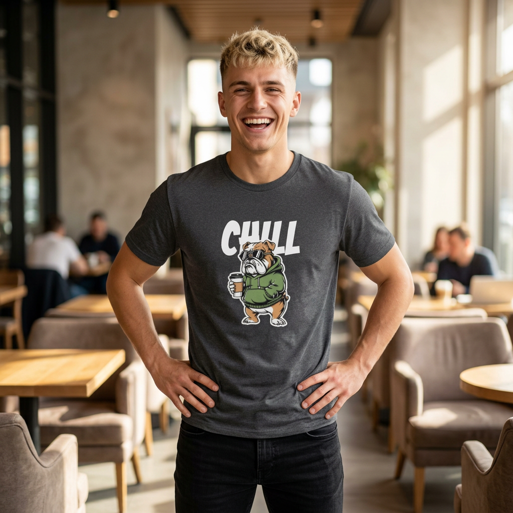 Chill Bulldog T-Shirt — Cute Bulldog with Coffee Graphic tee great dog gift