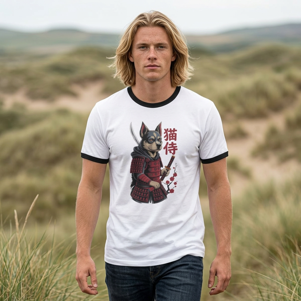 Samurai Dog Ringer T-Shirt — Japanese Dog Warrior Graphic Tee