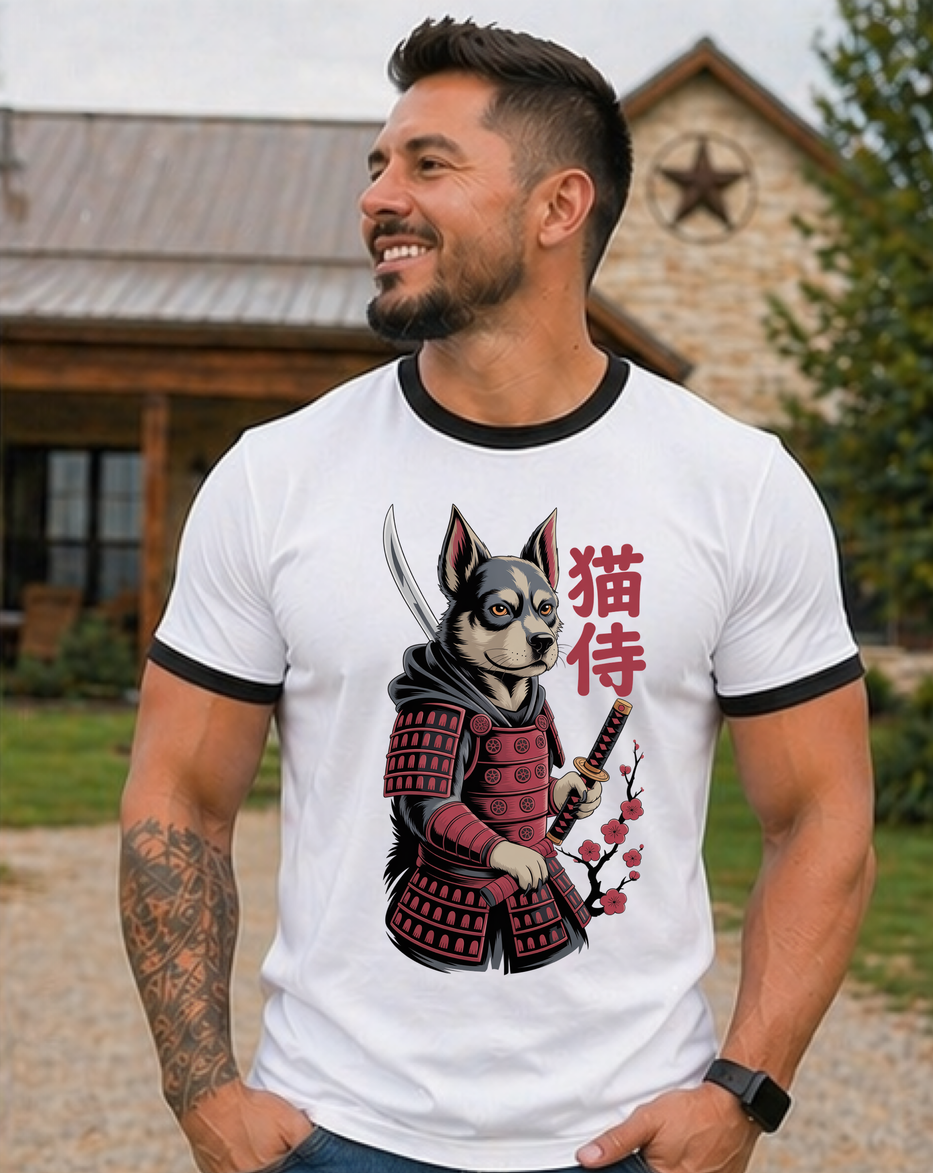 Samurai Dog Tee — Dog Samurai Ringer T-Shirt with Kanji