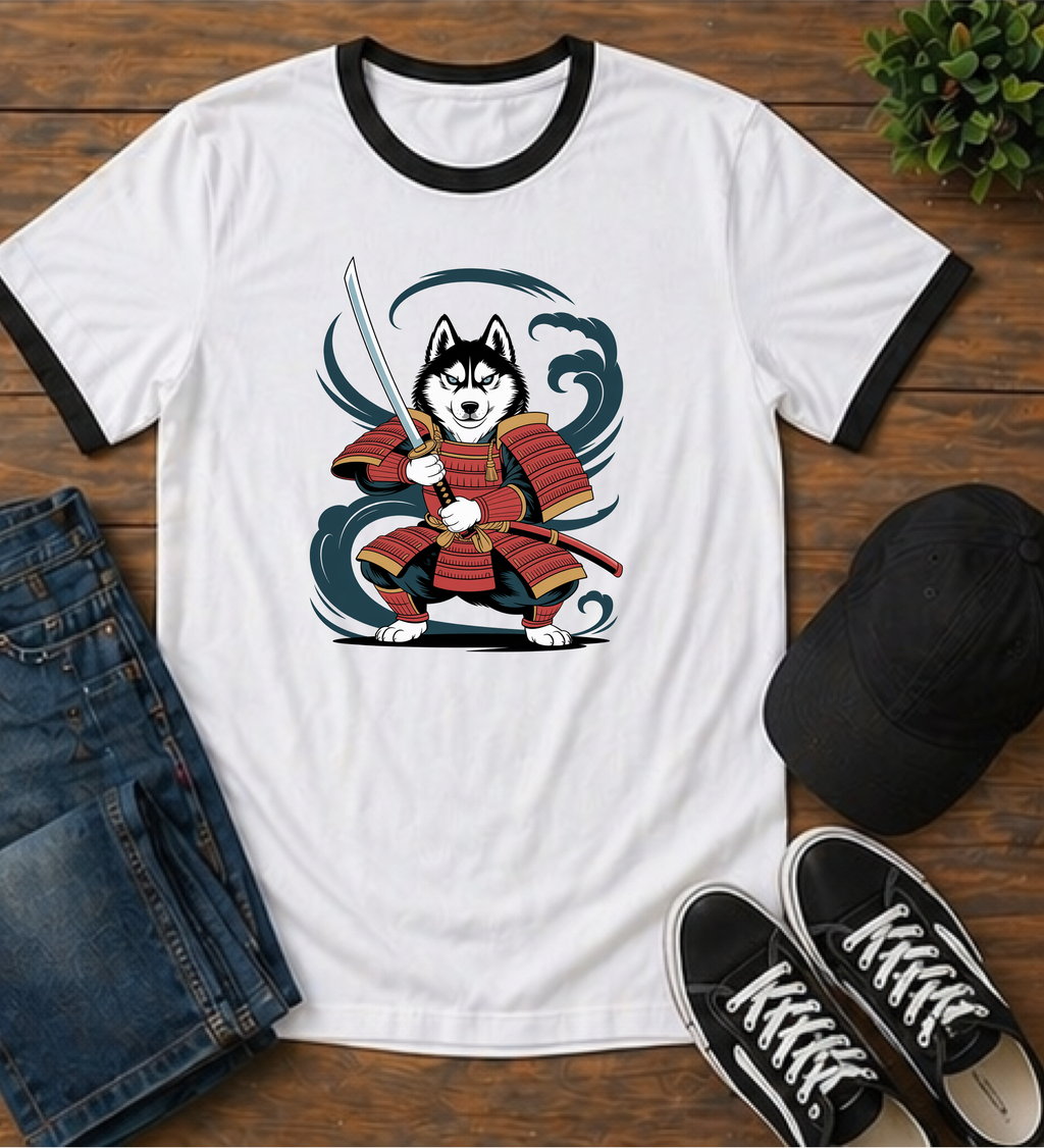 Samurai Husky Ringer T-Shirt Japanese Dog Tee