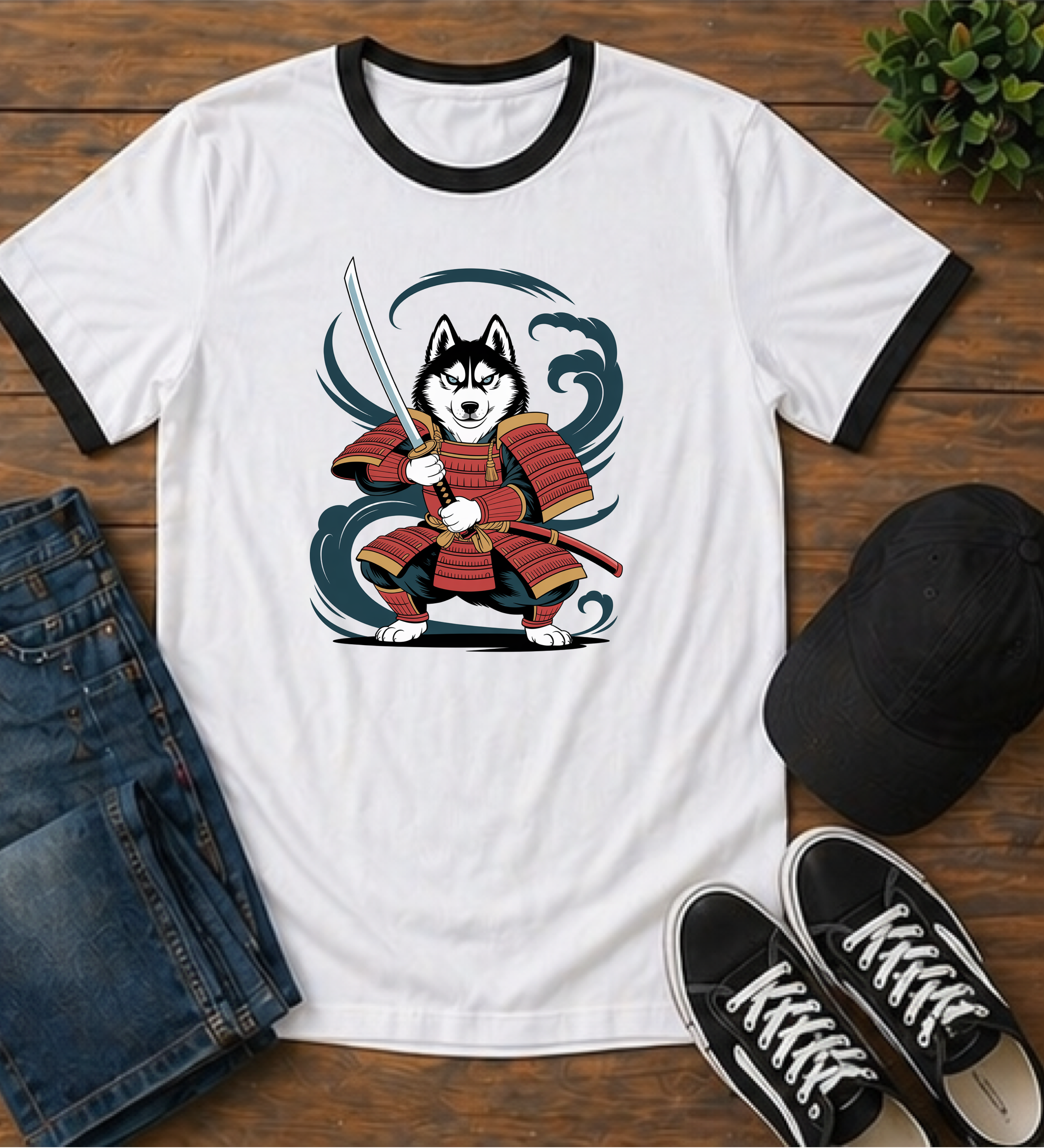 Samurai Husky Ringer T-Shirt Japanese Dog Tee