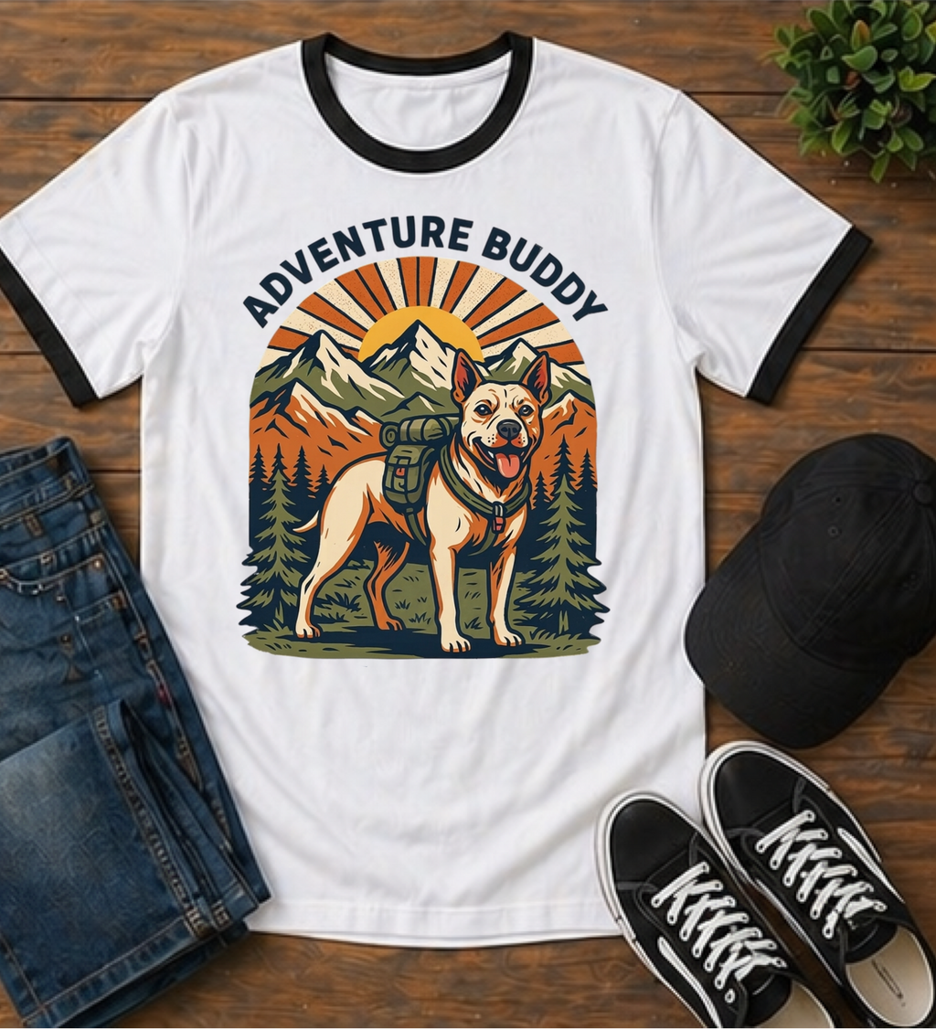 Adventure Buddy T-Shirt — pitbull Hiking Dog Graphic Ringer Tee