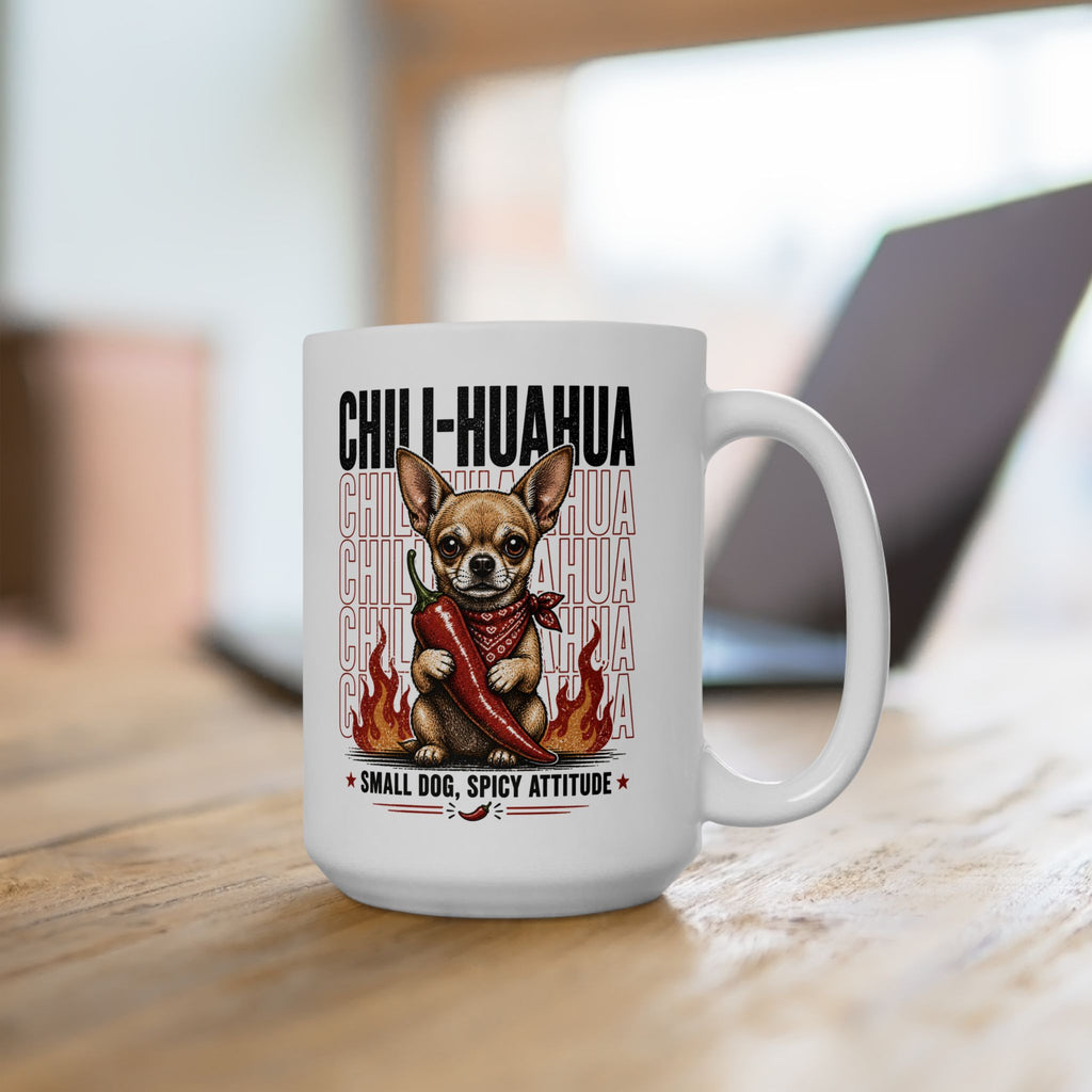 Chihuahua Flames Ceramic Mug — Cute Fiery Dog Coffee Cup 15oz
