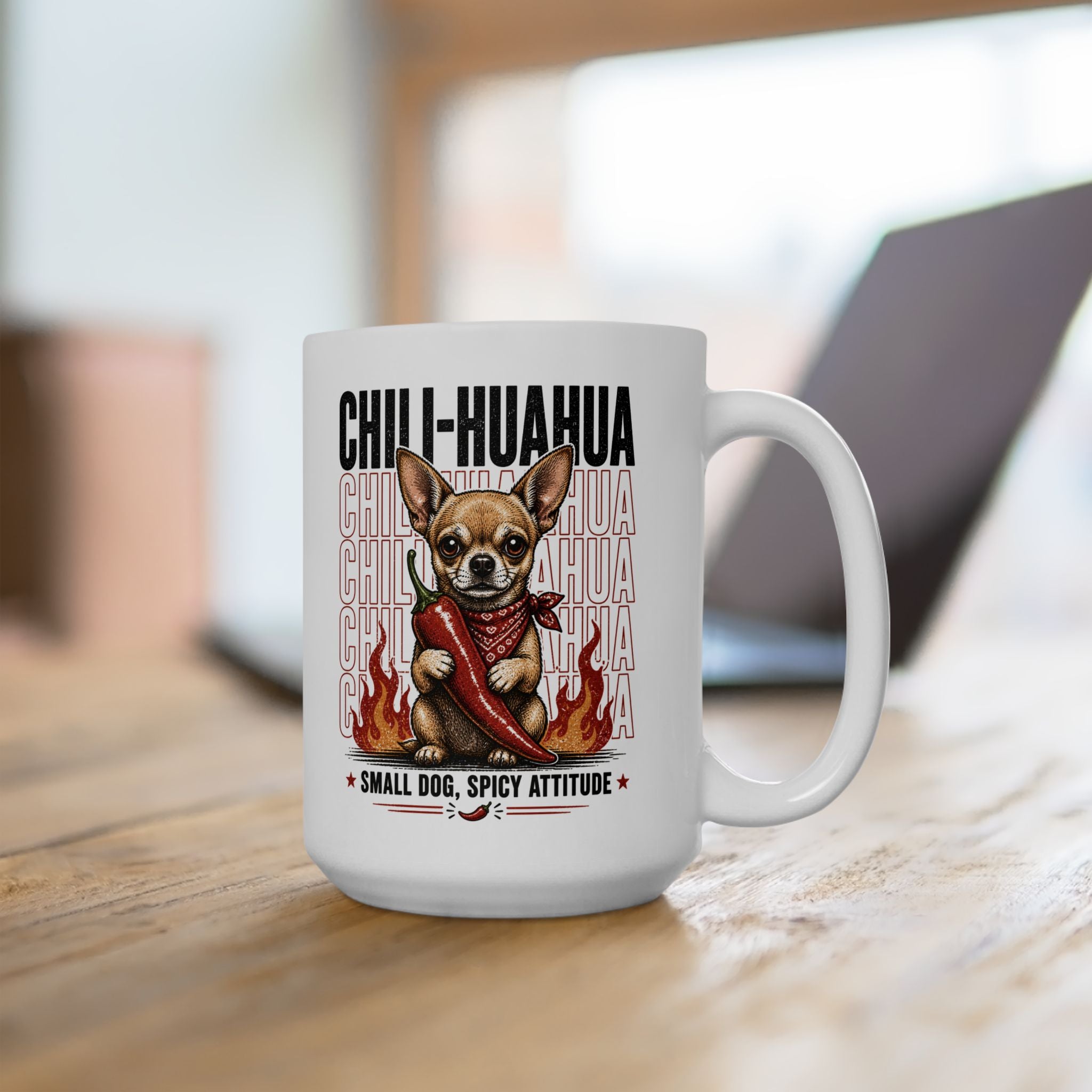 Chihuahua Flames Ceramic Mug — Cute Fiery Dog Coffee Cup 15oz