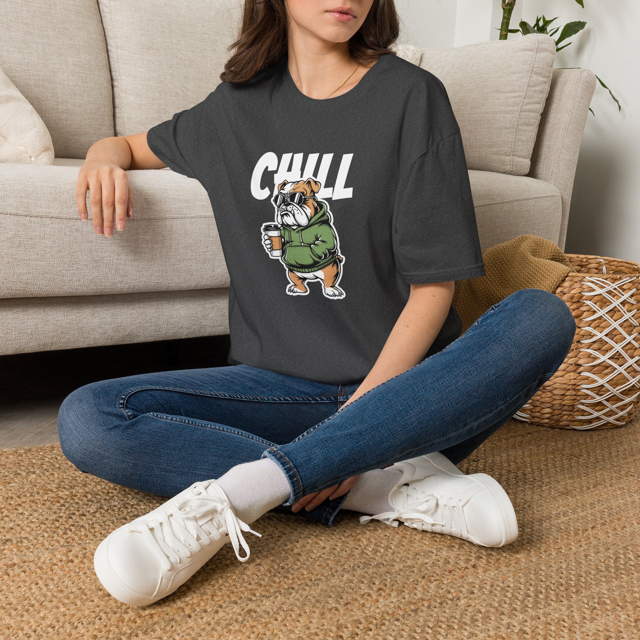 Chill Bulldog T-Shirt — Cute Bulldog with Coffee Graphic tee great dog gift